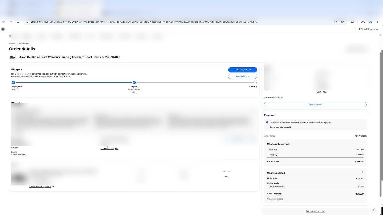 Redacted eBay order screenshot