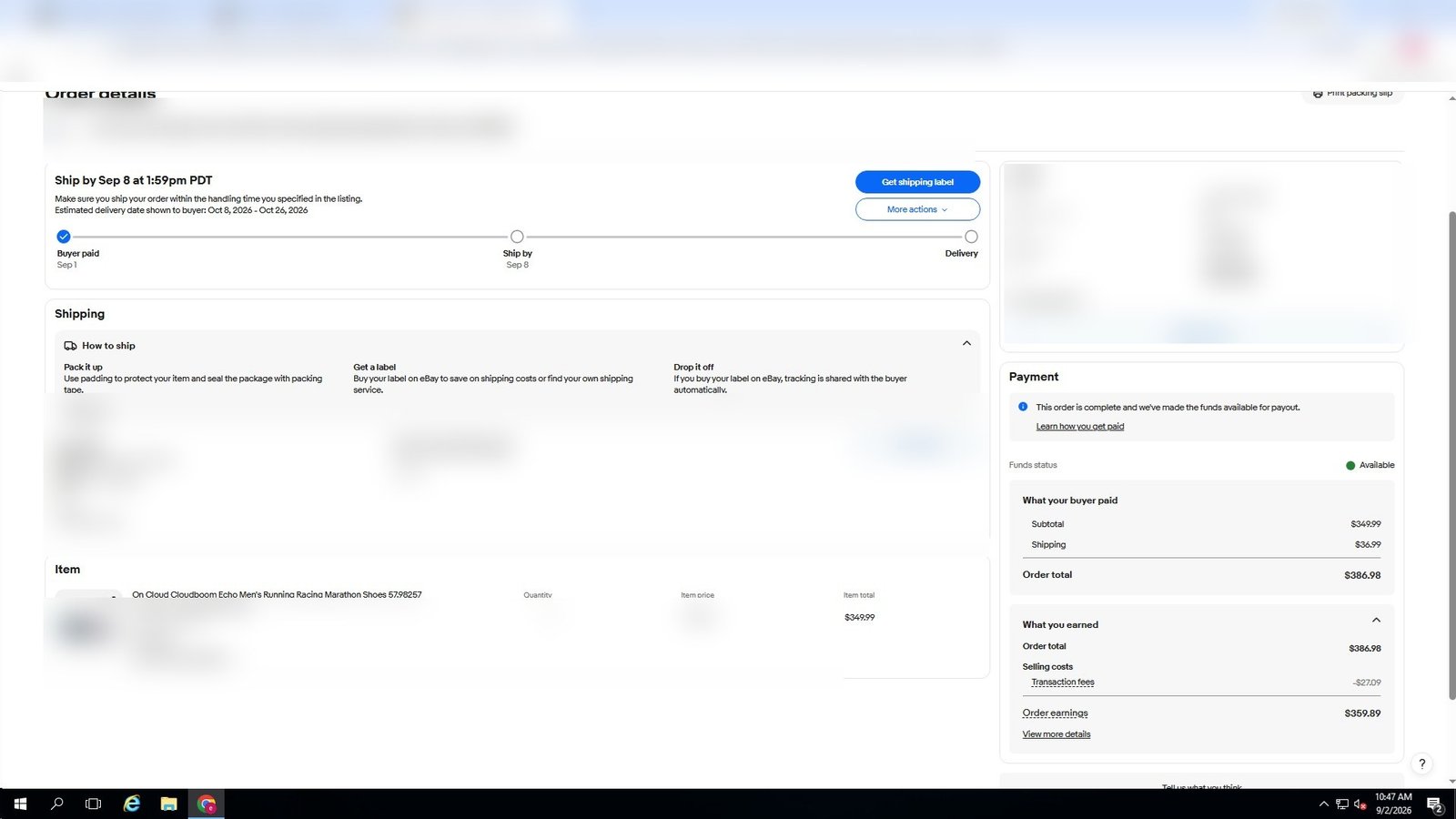 Redacted eBay order screenshot
