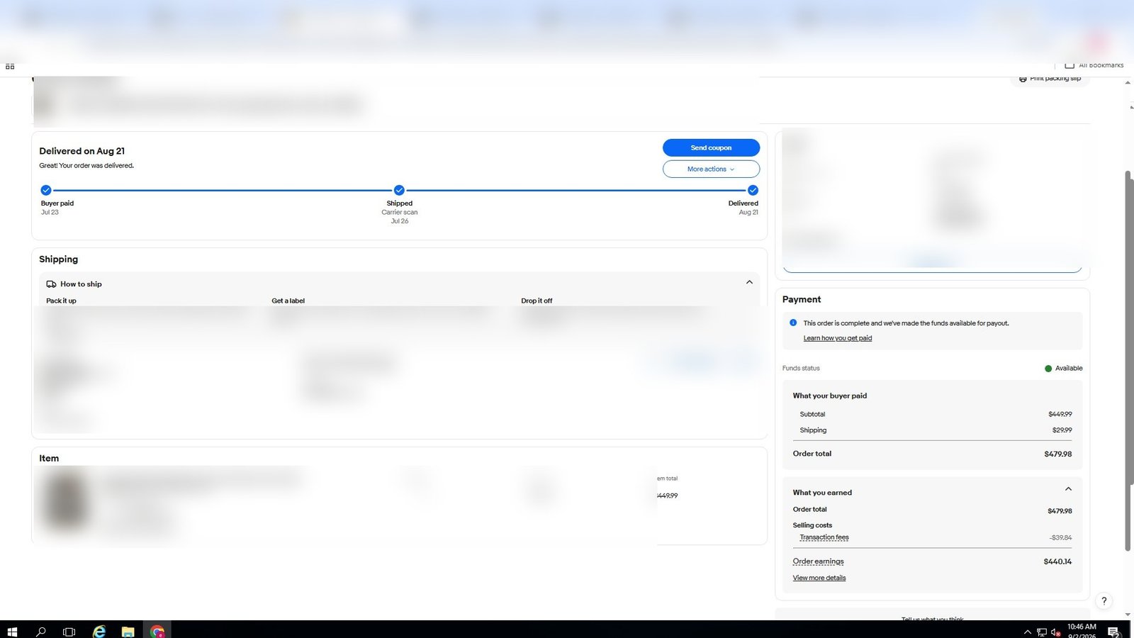 Redacted eBay order screenshot