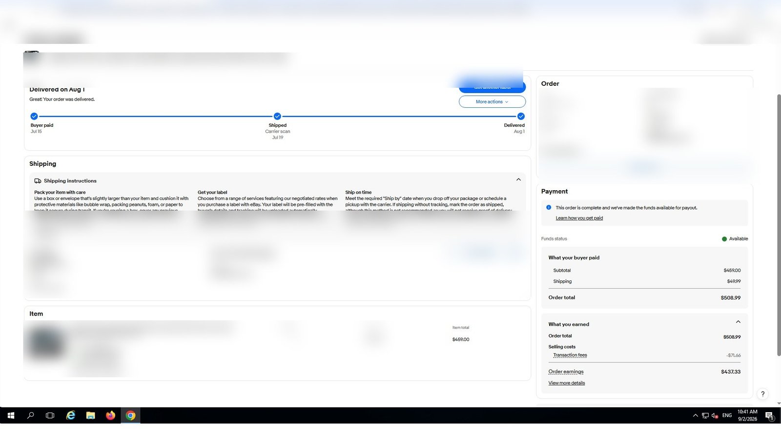 Redacted eBay order screenshot